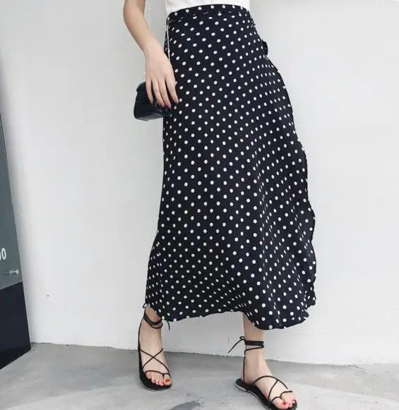 2022 New Women High Waist Polka Dots Skirt Elegant Midi Long Skirts Wrap Dots Chiffon Skirt Korean Fashion