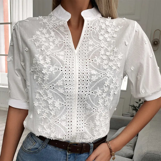 2023 Summer Elegant Short Sleeve White Shirt Vintage Tops Crochet Hollow Blouses For Women Fashion 2023 Cotton Female Clothing