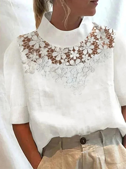 Vintage Spring Summer White Tops Mujer Casual Lace Patchwork Women Cotton Linen Blouses Chic Leisure Stand Collar Blouse Tunics