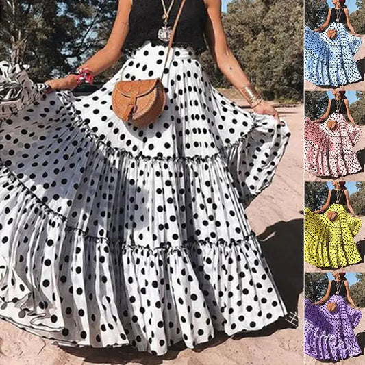 Fashion Polka Dot Women Ruffle Maxi Skirt Summer 2023 High Waist Female Vintage Long Trend Bohemian Fairy Festival Clothes