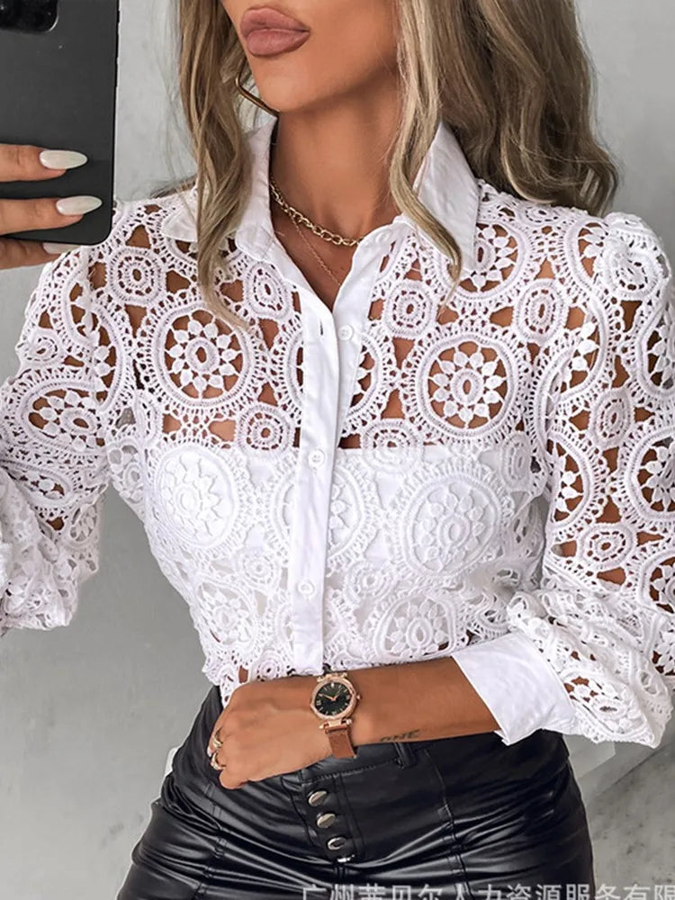 Lace Blouses For Women Elegant Office White Shirt Long Sleeve Button Turn-down Collar Sexy Hollow Tops Fashion Women's Clothing