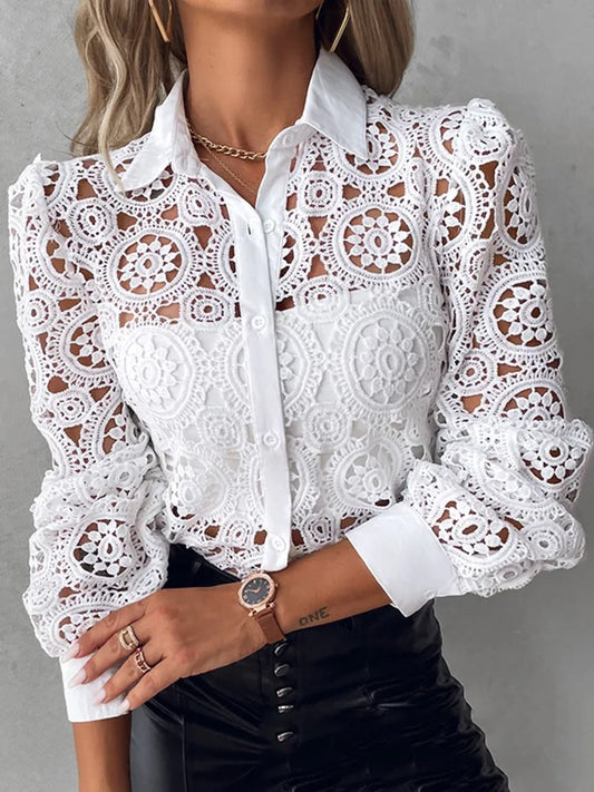 Lace Blouses For Women Elegant Office White Shirt Long Sleeve Button Turn-down Collar Sexy Hollow Tops Fashion Women's Clothing