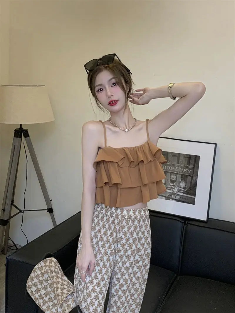 Shpmishal Korean Fashion Ruffle Edge Camisole for Women's Summer 2024 New Pure Desire Short and Unique Tank Top Female Clothing