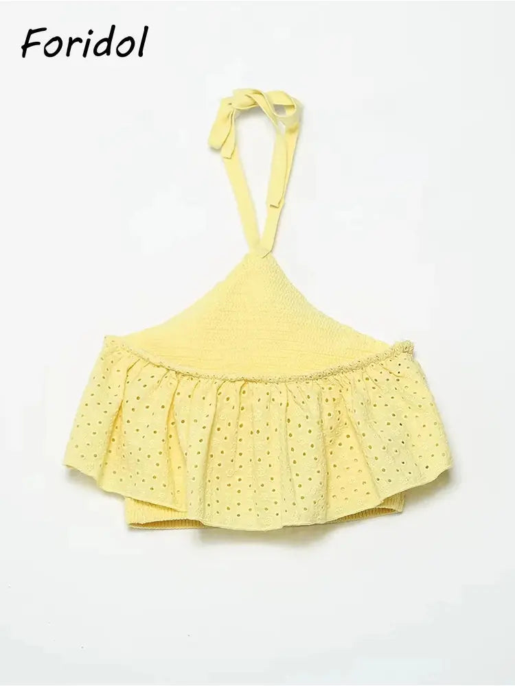 Embriodery Women Yellow Lace Halter Sexy Top Knitted Elastic Ruffles Hollow Out White Crop Top Summer Autumn Cotton Camis 2024