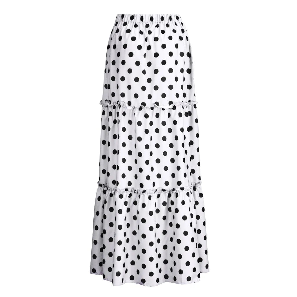Bohemian Maxi Skirts For Women High Waist Polka Dot Printed Skirt Loose Ruffled Long Pleated Skirts Elegant Female Streetwear