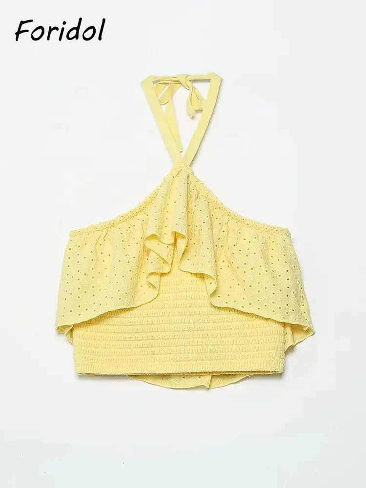 Embriodery Women Yellow Lace Halter Sexy Top Knitted Elastic Ruffles Hollow Out White Crop Top Summer Autumn Cotton Camis 2024